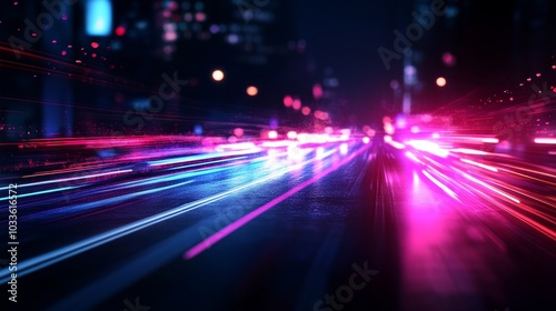 Dash cam view of highway traffic at night, streaming neon lights from passing cars, blurred motion effect, deep blue and purple tones, watercolor illustration, atmospheric photo