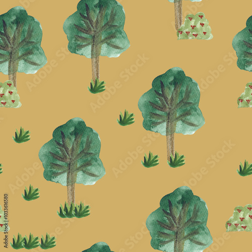 summer landscape green trees bushes composition watercolor illustration on a beige background base for cards clothes dishes textiles photo