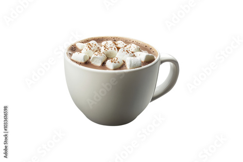 Cup of hot chocolate with marshmallows in white mug on a transparent background photo