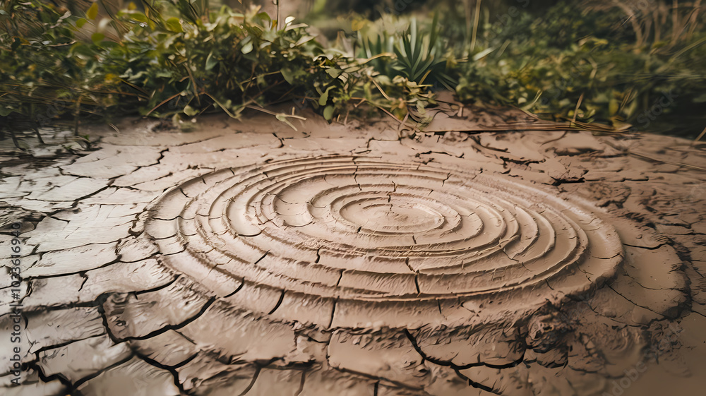 Close-up of circular patterns in cracked mud, showcasing nature's textures and earthy tones in a dried landscape. Close-up of circular patterns in cracked mud, showcasing nature's textures and earthy tones in a dried landscape.