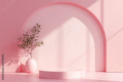 3d render icon of minimal pastel podium architecture plant wall.