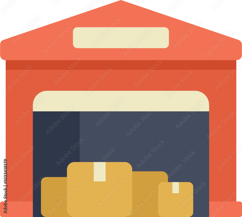 This vector illustration features a warehouse storing packages, symbolizing logistics, distribution, and the supply chain