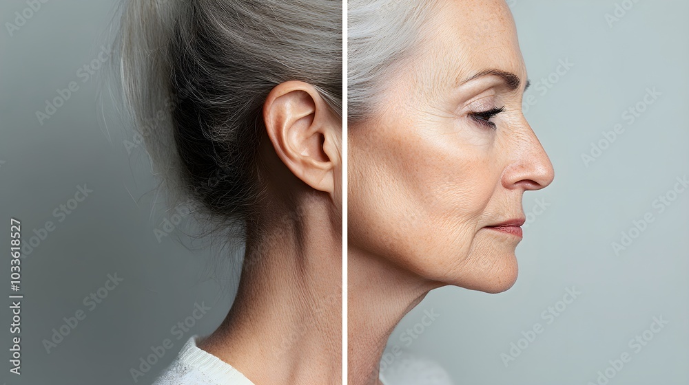 Elderly woman's profile with distinct neck and jowl wrinkles, gradually transforming into a vibrant, youthful silhouette with firm, toned skin Elderly woman's profile with distinct neck and jowl wrinkles, gradually transforming into a vibrant, youthful silhouette with firm, toned skin