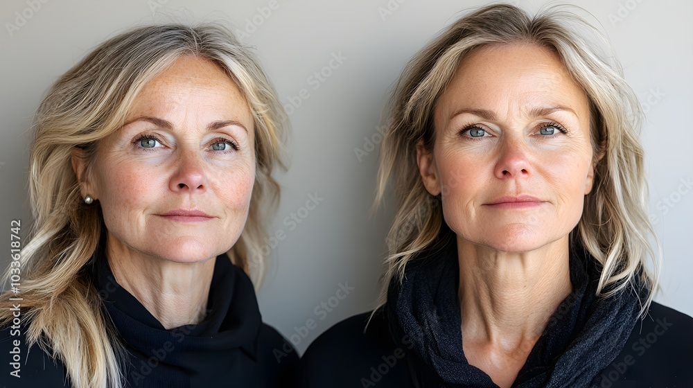 Elderly woman with visible signs of aging, including posture change and loose skin, transforming into a youthful, revitalized version with firm skin Elderly woman with visible signs of aging, including posture change and loose skin, transforming into a youthful, revitalized version with firm skin