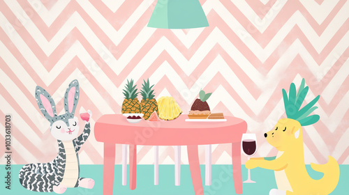 Wallpaper Mural Cartoon Rabbit And Pineapple Animal Having A Drink In Pastel Zigzag Background Torontodigital.ca