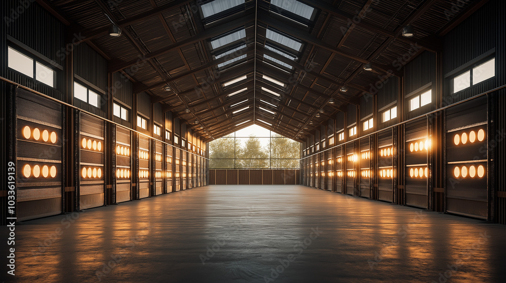 A futuristic barn with AI-powered sensors tracking livestock health and feed optimization for sustainable farming A futuristic barn with AI-powered sensors tracking livestock health and feed optimization for sustainable farming