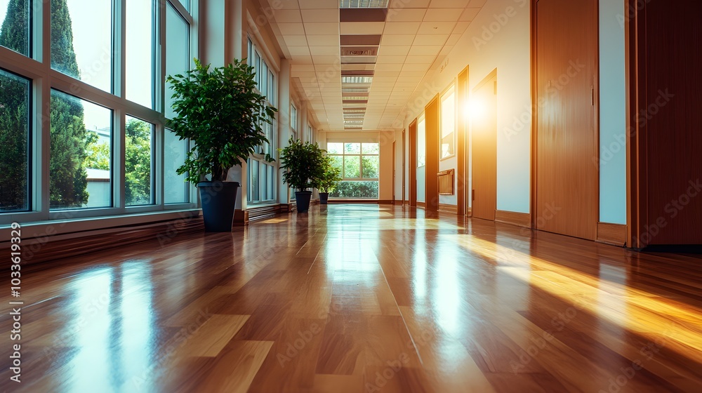 Hospital corridor with polished floors, bright lights, and a sterile, minimalistic design, representing modern healthcare environments Hospital corridor with polished floors, bright lights, and a sterile, minimalistic design, representing modern healthcare environments