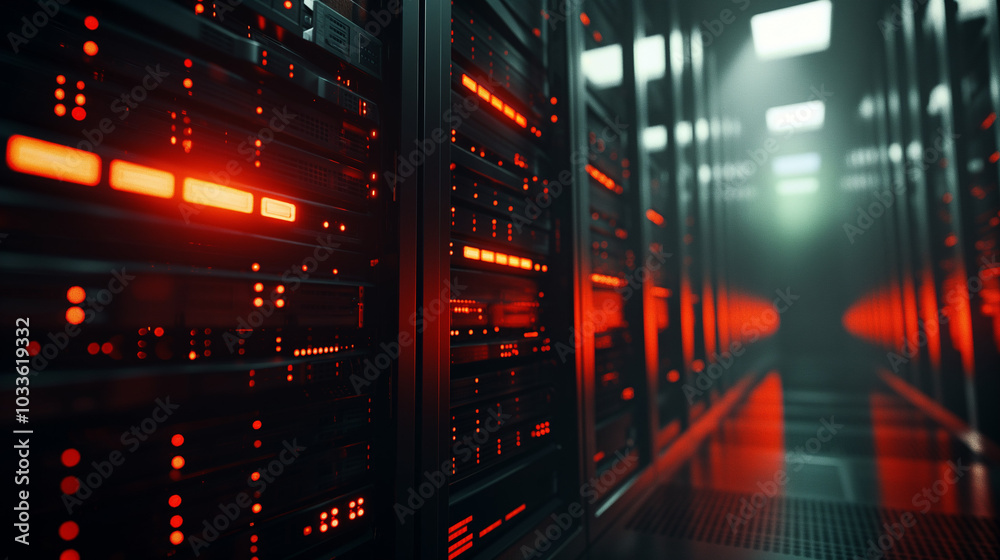 Obraz premium Futuristic Server Room Tech Infrastructure with Glowing Digital Network Connections