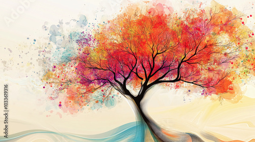 Abstract tree graphic with a burst of color in the leaves and branches, incorporating artistic lines and patterns to create a modern and eye-catching design.