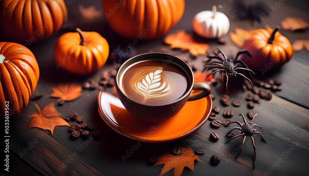 Warm coffee with latte art surrounded by autumn leaves, pumpkins, and coffee beans, creating a cozy seasonal atmosphere. Warm coffee with latte art surrounded by autumn leaves, pumpkins, and coffee beans, creating a cozy seasonal atmosphere.