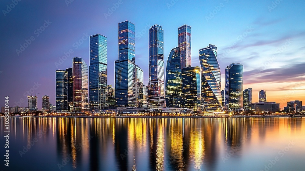 Obraz premium Modern City Skyline at Twilight Reflection