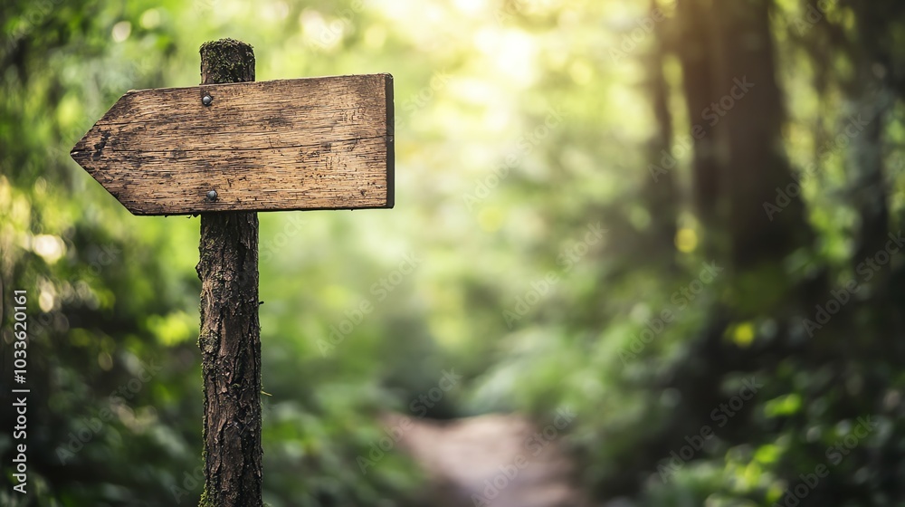 A wooden sign points left in a forest setting. A wooden sign points left in a forest setting.