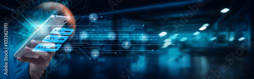 Businessman using smartphone with hosting on network connection. Web hosting, dedicated server, virtual private server, shared hosting, e-commerce solutions, scalability, technology.