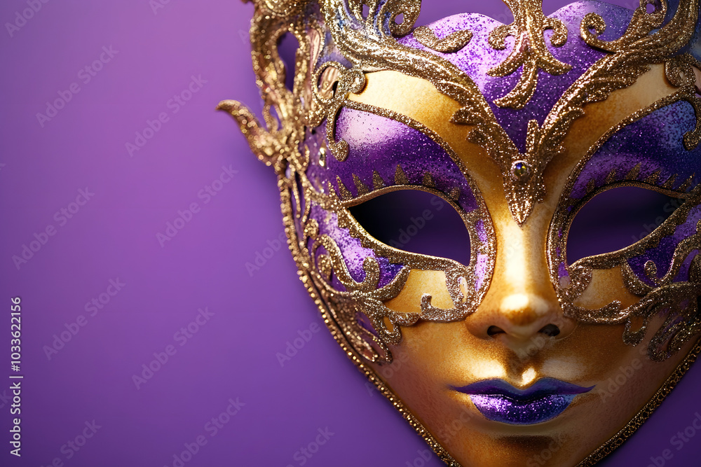 A close-up of a golden and purple masquerade mask against a purple background, embodying elegance and festivity. A close-up of a golden and purple masquerade mask against a purple background, embodying elegance and festivity.