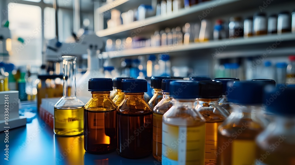 Glass Bottles with Blue Caps in a Laboratory Setting Glass Bottles with Blue Caps in a Laboratory Setting