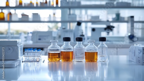 Laboratory Bottles with Amber Liquid and White Caps on a White Table