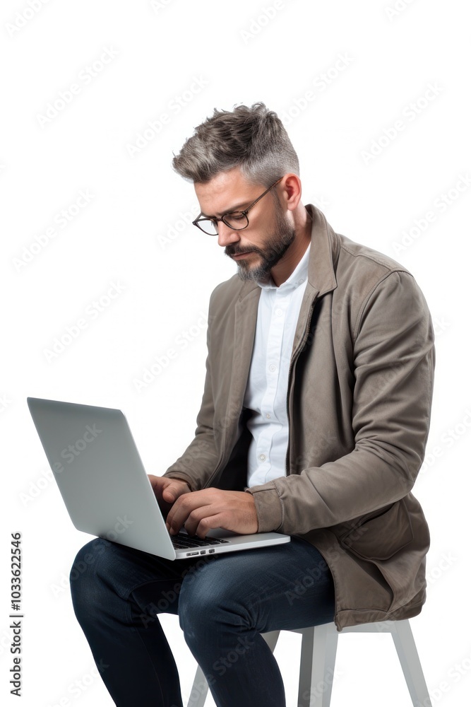 Man using laptop portrait computer sitting. Man using laptop portrait computer sitting.