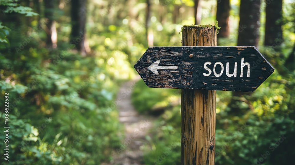 A wooden sign with an arrow pointing towards a path through a forest. The sign reads 