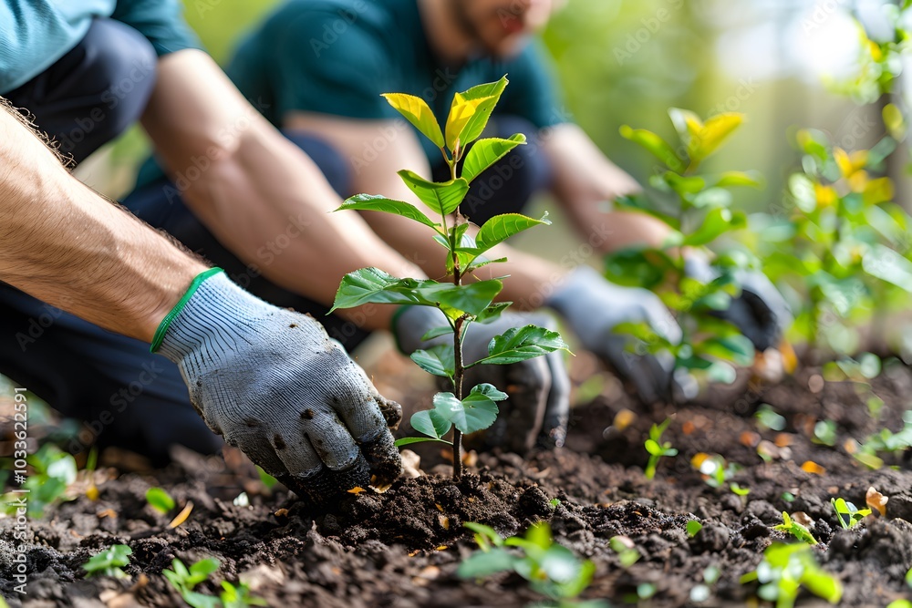 Fototapeta premium Community Gardening and Sustainability: Hands Planting Seedlings in Vibrant Soil for Environmental Conservation