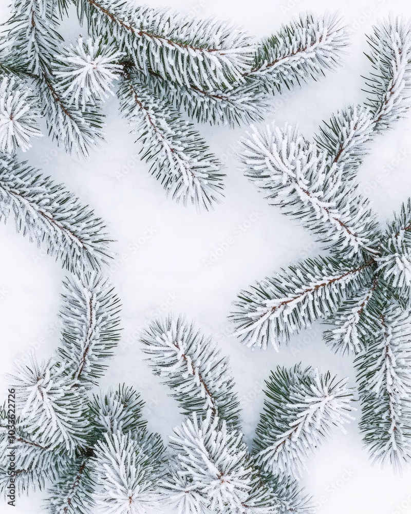 Snow-covered pine branches with delicate frost patterns Snow-covered pine branches with delicate frost patterns