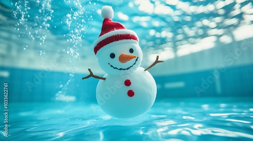 Cheerful snowman with Santa hat floats underwater in a swimming pool.