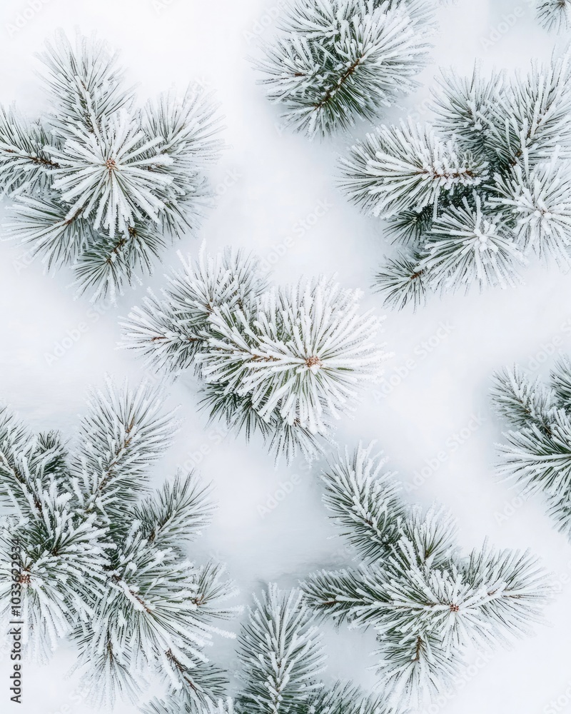 Snow-covered pine branches with delicate frost patterns
