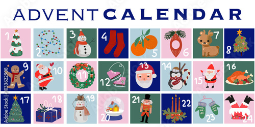 Festive winter calendar in vector flat style. Christmas and New Year advent calendar. Countdown holiday calendar. Christmas tree, christmas goodies, Santa Claus, tangerines, New Year's gifts