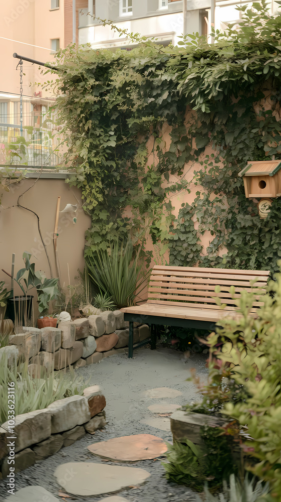 Obraz premium Serene garden space featuring a wooden bench, stone pathway, lush greenery, and a charming birdhouse on a peaceful wall.