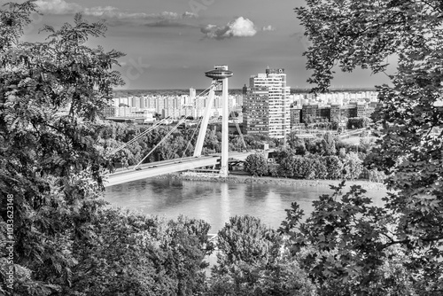 Canvas Print Bratislava, Slovakia: The UFO tower and Most SNP bridge; UFO bridge and tower ac