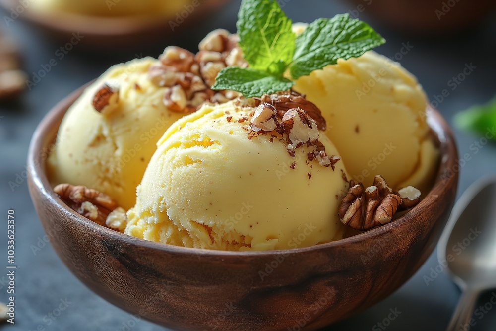 Creamy Yellow Ice Cream Garnished with Nuts and Mint