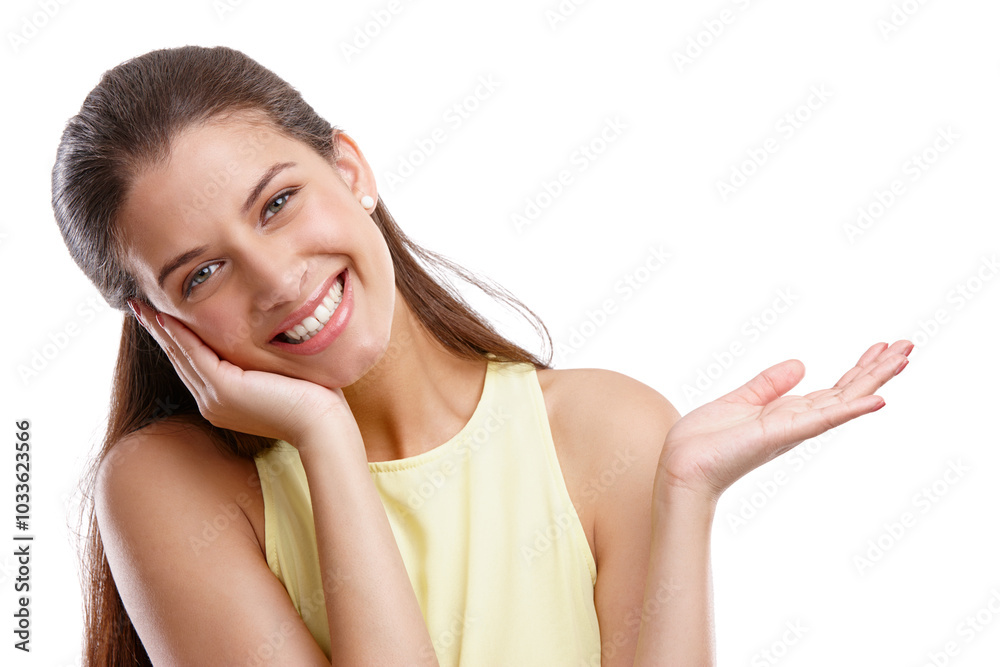 Happy woman, portrait and palm with advertising for marketing, alert or deal on a white studio background. Young, female person or model with smile or hand out for notification or offer on space Happy woman, portrait and palm with advertising for marketing, alert or deal on a white studio background. Young, female person or model with smile or hand out for notification or offer on space