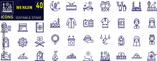 Ramadan line icon set, islamic holiday symbols collection, vector sketches, logo illustrations .