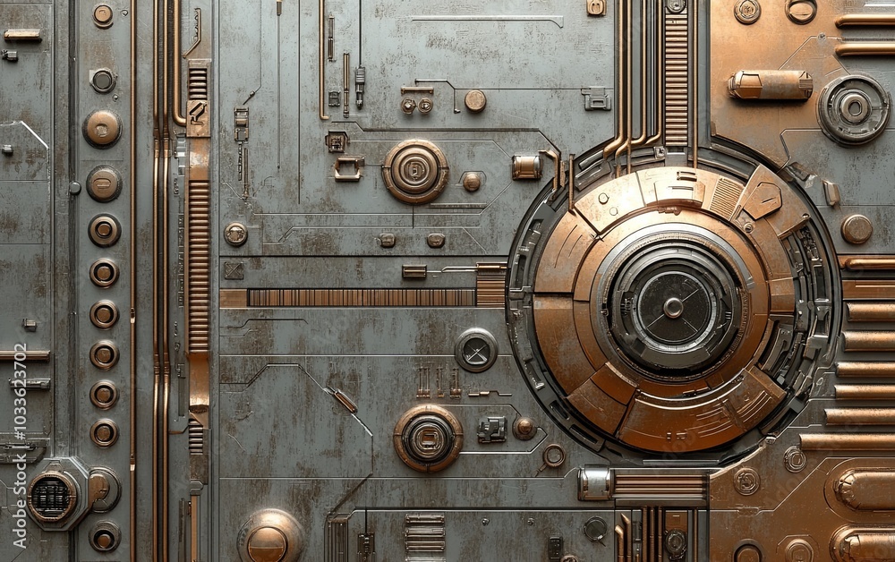 A detailed metallic panel featuring intricate designs and mechanical elements for futuristic aesthetics. A detailed metallic panel featuring intricate designs and mechanical elements for futuristic aesthetics.