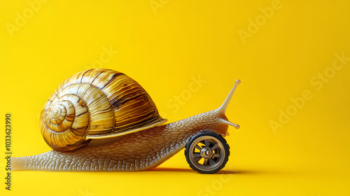 Speedy snail with wheels on yellow background. Concept of speed and success. Speed increase, reptile courier delivery, transportation, efficient fast movement, time saving fast delivery concept photo