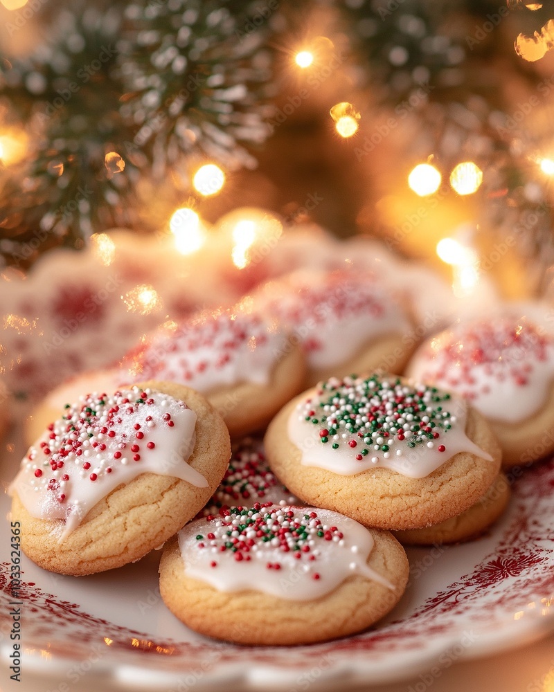 Christmas Day cookies on a beautifully decorated plate, with detailed icing and sprinkles, Christmas Day cookies on a beautifully decorated plate, with detailed icing and sprinkles,