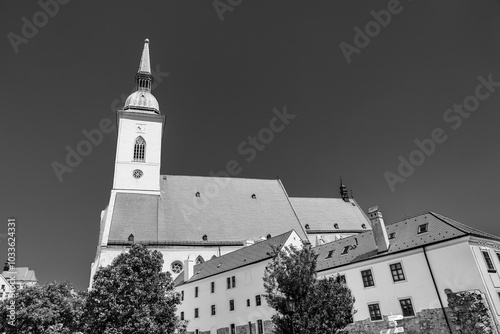 Bratislava, Slovakia: St Martin's Cathedral; the cathedral of Bratislava in black and white photo