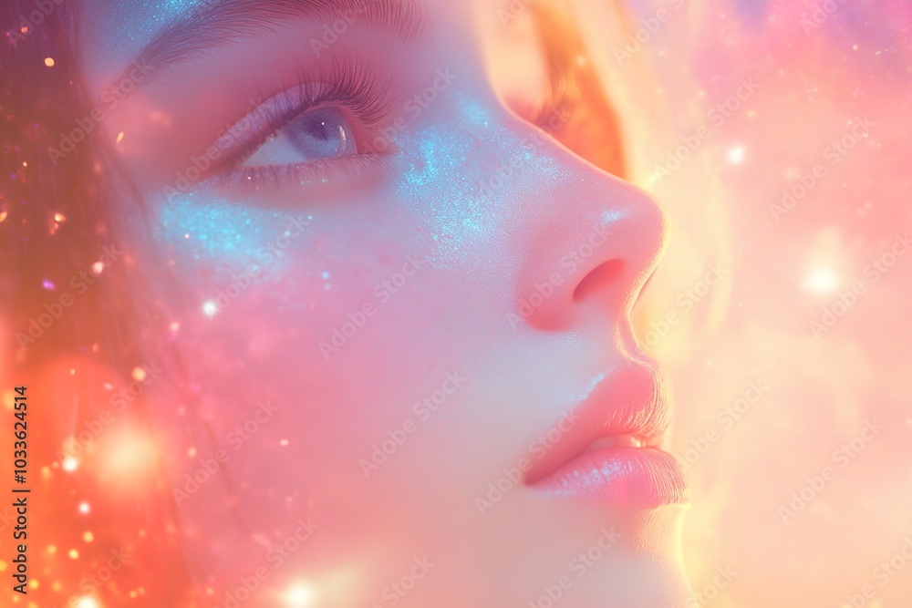 Dreamy portrait of woman with glowing sparkles on skin. Dreamy portrait of woman with glowing sparkles on skin.