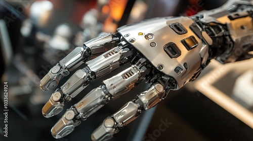 Close-up of a robotic hand with intricate mechanical details.