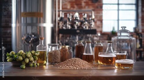 A rustic brewing setup showcases an array of ingredients, including hops, grains, and various bottles of amber beer. The warm atmosphere highlights the art of craft beer production and fermentation.