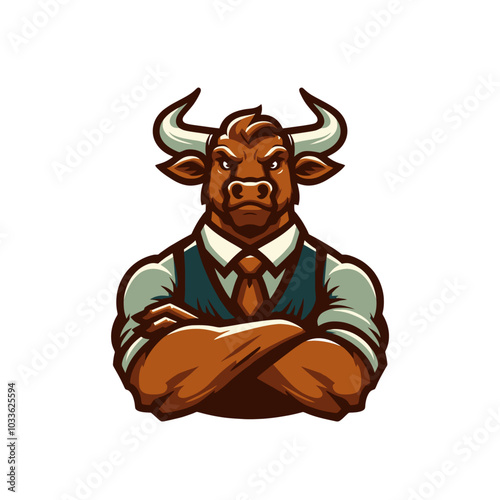 Bull in shirt and tie. Bussiness. Hands crossed