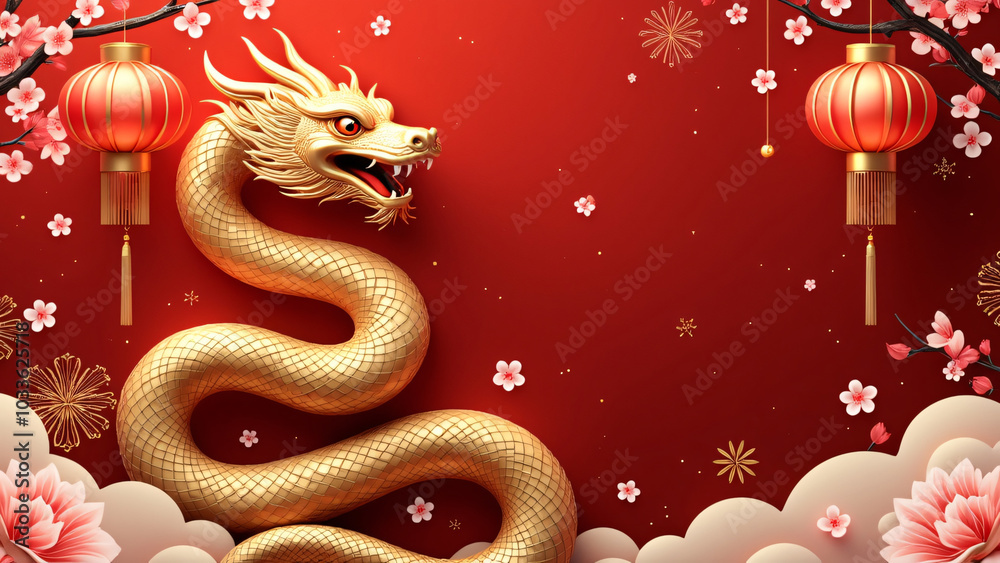 Luxurious golden snake and lantern in red and gold Lunar New Year 2025 celebration banner