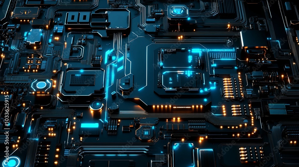 Fototapeta premium A futuristic circuit board design with glowing blue and orange elements, representing technology and innovation.