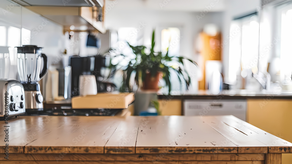 Bright kitchen interior featuring a wooden table, blender, toaster, and potted plant, creating a cozy cooking space. Bright kitchen interior featuring a wooden table, blender, toaster, and potted plant, creating a cozy cooking space.