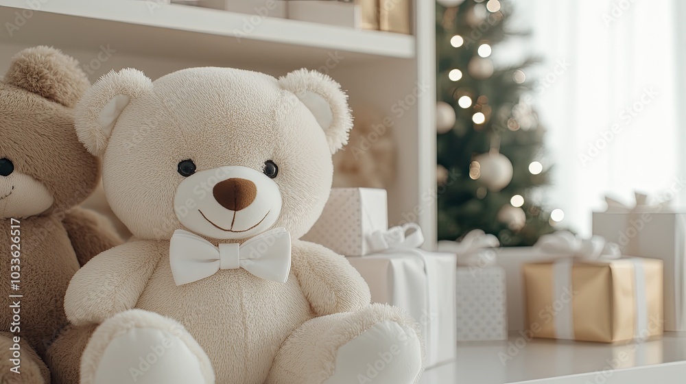The elegant teddy bear store showcases soft plush toys in various sizes, along with festive decorations and treats, creating a warm holiday atmosphere. The elegant teddy bear store showcases soft plush toys in various sizes, along with festive decorations and treats, creating a warm holiday atmosphere.