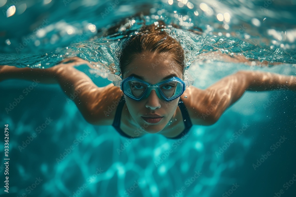 Fototapeta premium Close up woman swimmer portrait wearing goggles swims underwater in pool, capturing clarity and calmness of aquatic environment, representing beauty and fluidity of movement