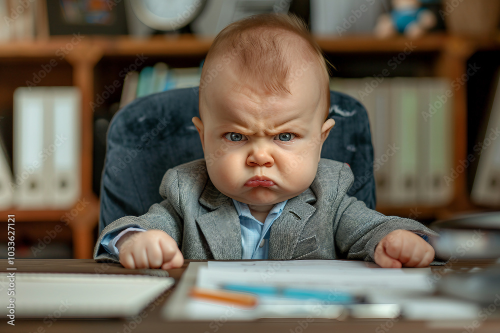 Created with generative ai image of small severe angry child office boss Created with generative ai image of small severe angry child office boss