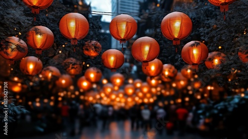 A beautiful scene of glowing red Chinese lanterns hanging above a busy market at night, creating a festive and warm ambiance with soft lighting illuminating the surroundings