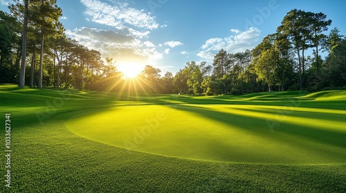 Wide-angle shot of a golf course, the ball in mid-flight heading for the hole, with bright sunlight casting long shadows