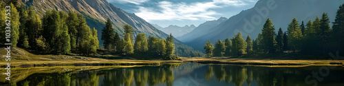 A beautiful mountain landscape with a lake in the foreground. The lake is surrounded by trees and mountains, creating a serene and peaceful atmosphere. The reflection of the trees