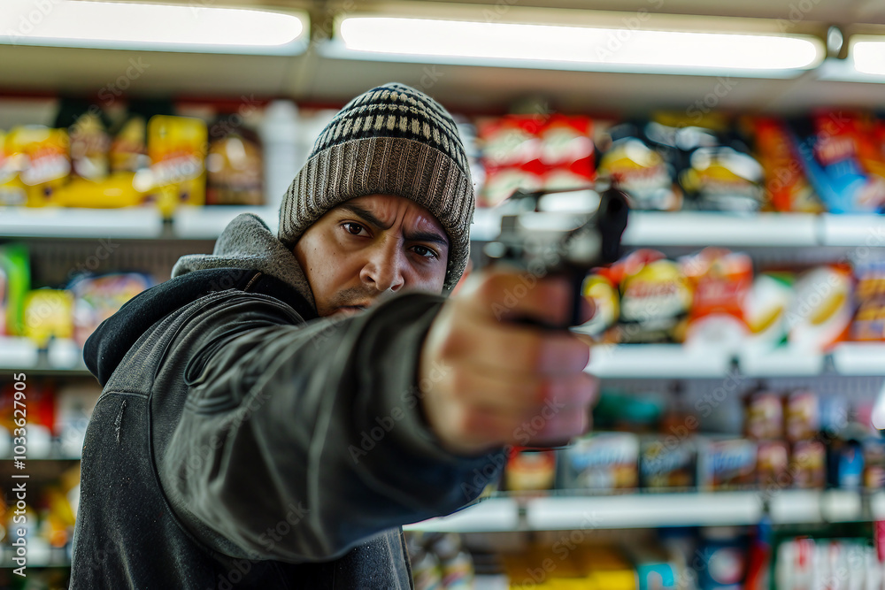 Thief in black clothes criminal action shop lifting street violence citizen robbery, Generative AI